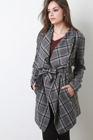 Belted Plaid Print Long Sleeves Fleece Jacket