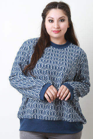 Geometric Pattern Textured Long Sleeves Sweater Top