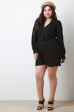Pleated Surplice Cinched Waist Long Cuff Sleeves Romper