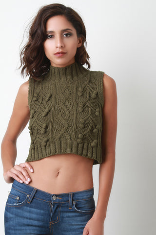 Cable Knit Turtleneck Sleeveless Crop Top