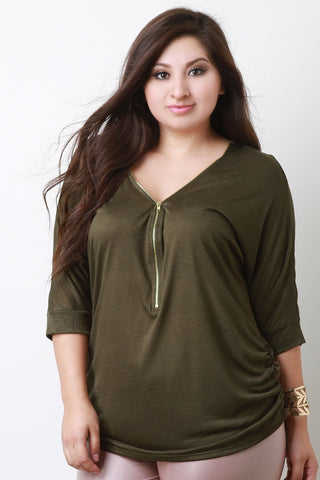 Zipper Quarter Sleeves Ruched Top