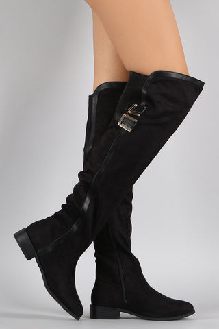 Bamboo Contrast Trim Buckled Riding Over-The-Knee Boots