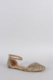 Bamboo Glitter Encrusted Pointy Toe Ankle Strap Dorsay Flat