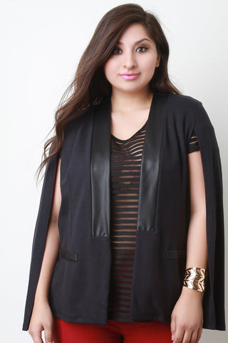 Leather Accents Open Front Cape Blazer
