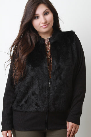 Fur And Ribbed Knit Zip-Up Jacket