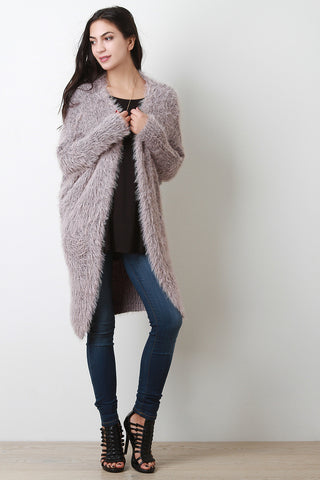 Furry Marled Knit Longline Cardigan