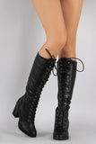 Bamboo Combat Lace Up Chunky Heeled Knee High Boots