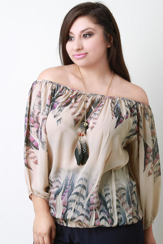 Feather Print Chiffon Off Shoulder Top