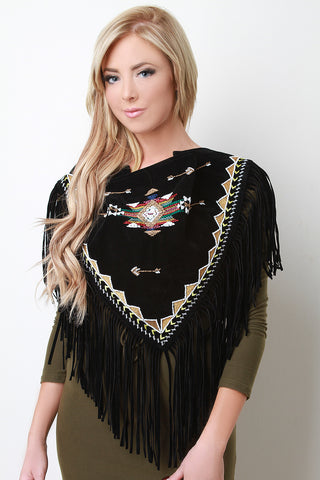 Aztec Beaded Embroidery Fringe Suede Triangle Scarf