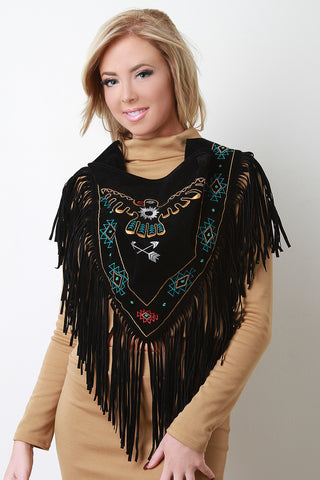 Thunderbird Embroidered Fringe Suede Triangle Scarf