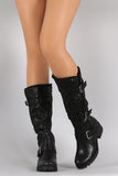 Bamboo Buckled Strap Round Toe Knee High Boots