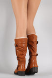Bamboo Buckled Strap Round Toe Knee High Boots
