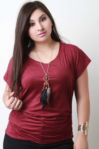 Feather Necklace Ruched Batwing Suede Top