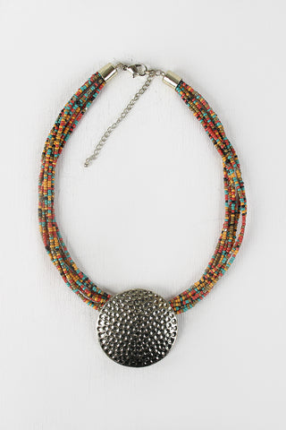 Hammered Pendant Seed Bead Necklace