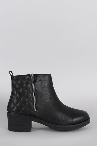 Zipper Trim Quilted Round Toe Ankle Boots