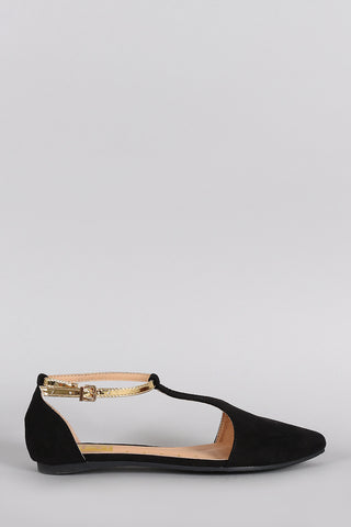 Suede Pointy Toe Open Side Ankle Strap Flat