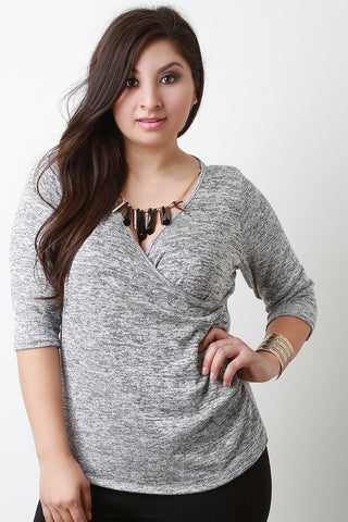 Heathered Quarter Sleeves Surplice Necklace Top