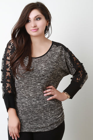 Heathered Crochet Lace Quarter Sleeves Top