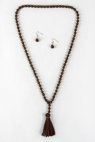 Faux Suede Tassel Wood Bead Necklace