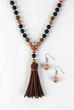 Faux Suede Tassel Wood Bead Necklace