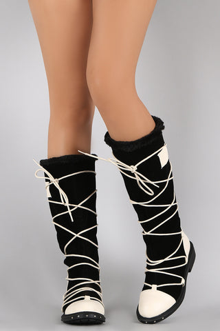 Faux Fur Cuff Strappy Lace Tie Round Toe Knee High Boots