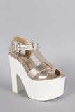 Speed Limit 98 Metallic Cross Strap Faux Wood Open Toe Platform