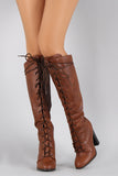 Qupid Round Toe Lace Up Heeled Combat Knee High Boot