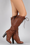 Qupid Round Toe Lace Up Heeled Combat Knee High Boot