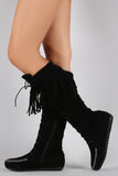 Suede Fringe Moccasin Lace Up Knee High Flat Boot