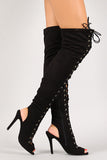 Breckelle Lace Up Back Cutout Stiletto Thigh High Boot