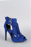 Qupid Double Buckle Falling Fringe Peep Toe Heel