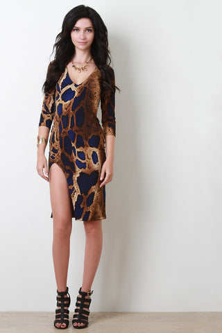 Snake Print Deep V-Neck Side Slit Dress