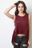 Vegan Suede Sleeveless Plunging Armholes Side Fringe Top