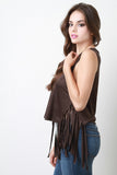 Vegan Suede Sleeveless Plunging Armholes Side Fringe Top