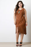 Suede High-Low Fringe Midi Dress