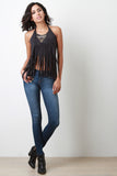 Suede Fringe Open Back Halter Sleeveless Top