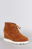 Dollhouse Suede Round Toe Lace Up Desert Wedge Booties