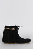 Bamboo Suede Link Chain Fringe Lace Up Moccasin Flat Booties