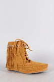 Bamboo Suede Link Chain Fringe Lace Up Moccasin Flat Booties