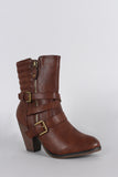 Zipper Strappy Buckle Quilted Chunky Heeled Mid Calf Boots