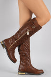 Quilted Zipper Trim Buckle Riding Knee High Boot