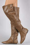 Qupid Patched Pointy Toe Over-The-Knee Flat Boots