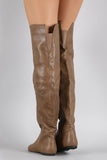 Qupid Patched Pointy Toe Over-The-Knee Flat Boots