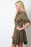 Suede Long Sleeves Button-Up Flared Dress