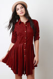 Suede Long Sleeves Button-Up Flared Dress