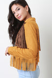 Zipped Up Two Tone Suede Fringe Long Sleeves Jacket