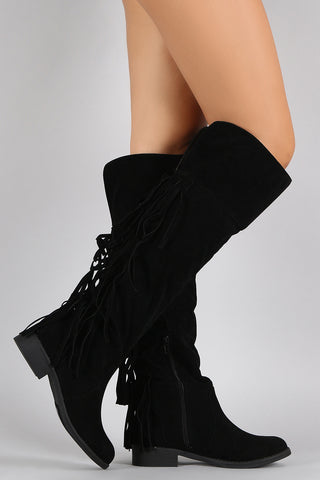 Suede Back Layered Fringe Riding Knee High Boots