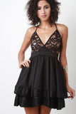 Surplice Lace Spaghetti Strap Layered Cocktail Dress