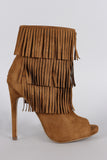 Delicious Suede Triple Layered Fringe Peep Toe Stiletto Booties