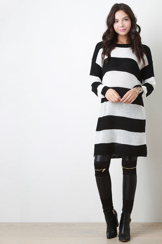 Two Tone Striped Knit Long Sleeves Sweater Dress